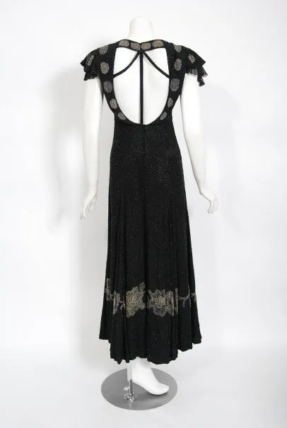 1930's French Couture Beaded Black Silk Flutter Sleeve Open-Back Dress