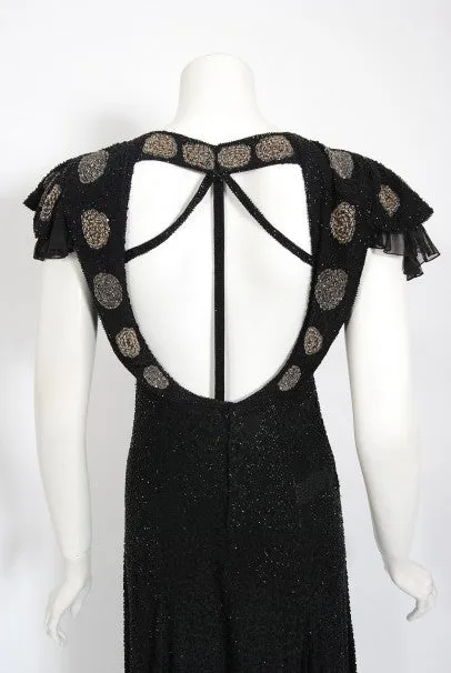 1930's French Couture Beaded Black Silk Flutter Sleeve Open-Back Dress