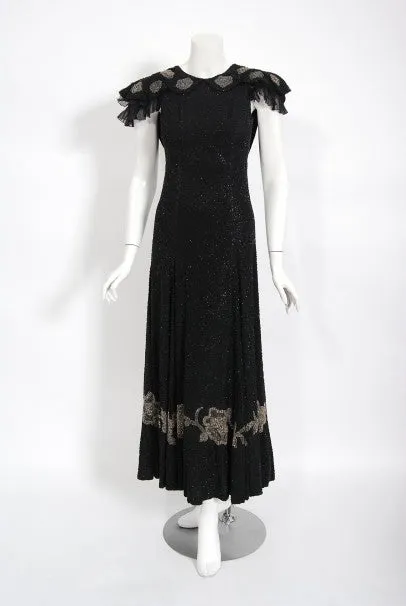 1930's French Couture Beaded Black Silk Flutter Sleeve Open-Back Dress