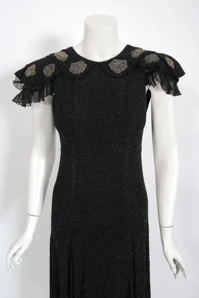 1930's French Couture Beaded Black Silk Flutter Sleeve Open-Back Dress