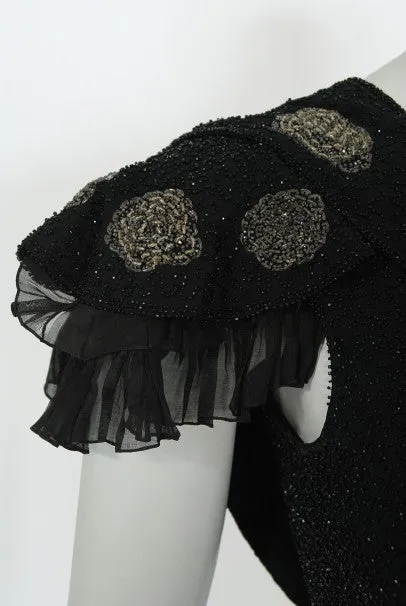 1930's French Couture Beaded Black Silk Flutter Sleeve Open-Back Dress