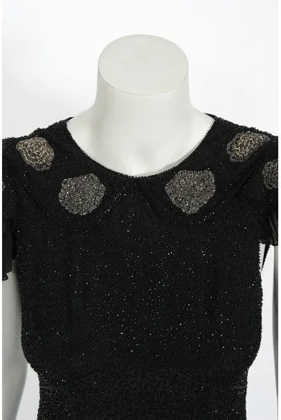 1930's French Couture Beaded Black Silk Flutter Sleeve Open-Back Dress