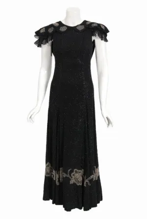 1930's French Couture Beaded Black Silk Flutter Sleeve Open-Back Dress