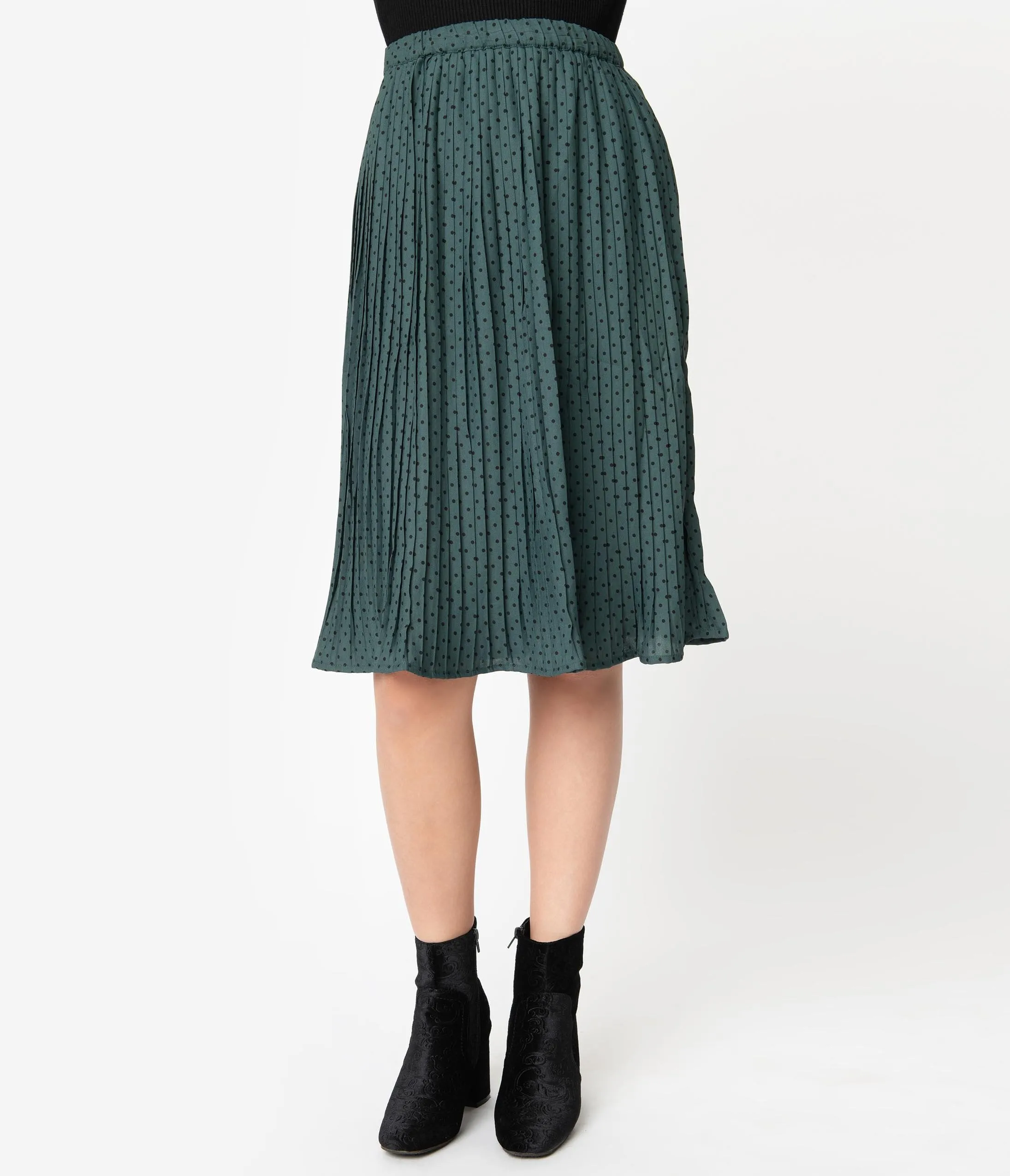 1940s Style Emerald Green & Black Pin Dot Pleated Skirt