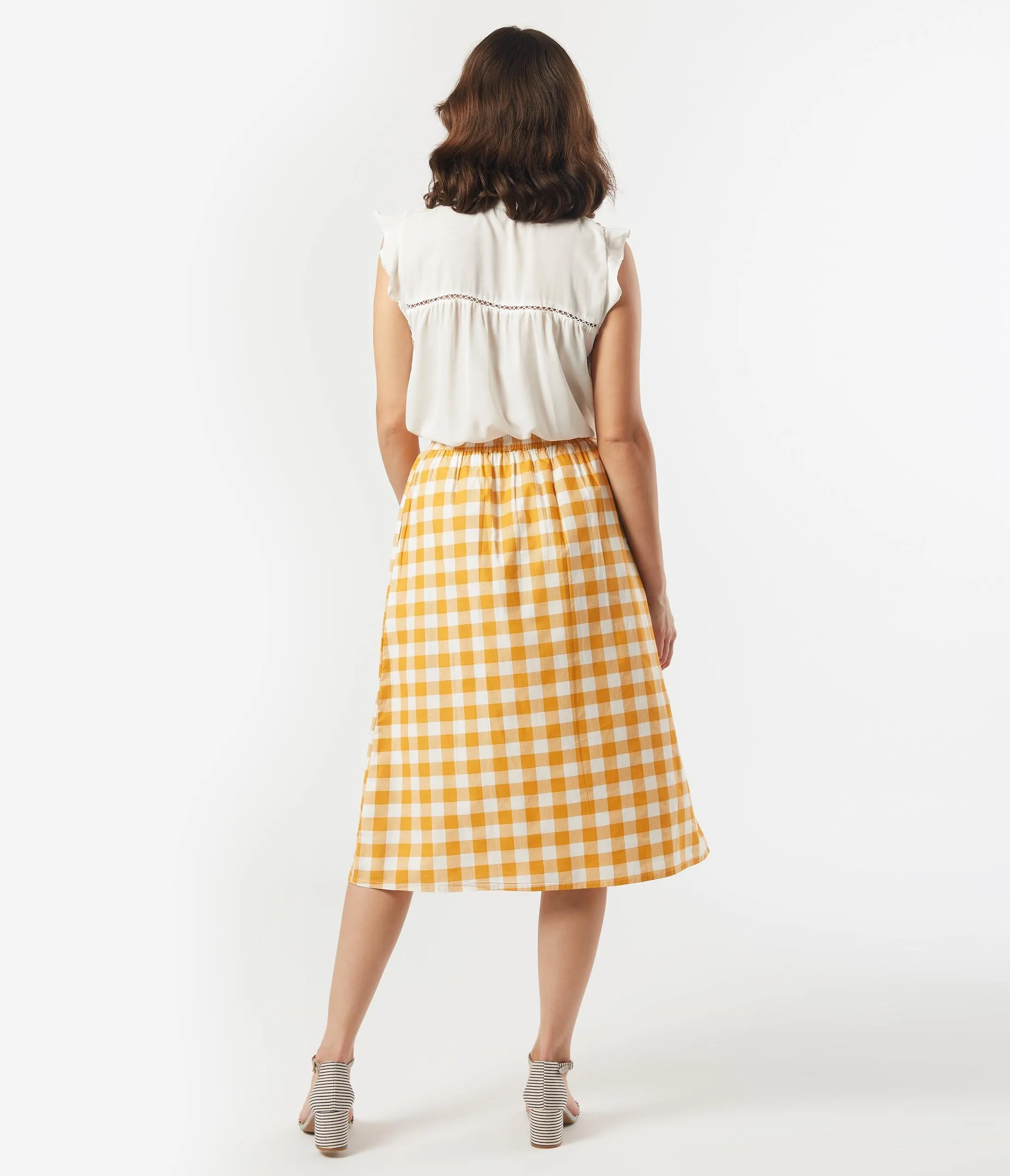 1940s Style Mustard & White Gingham Midi Skirt