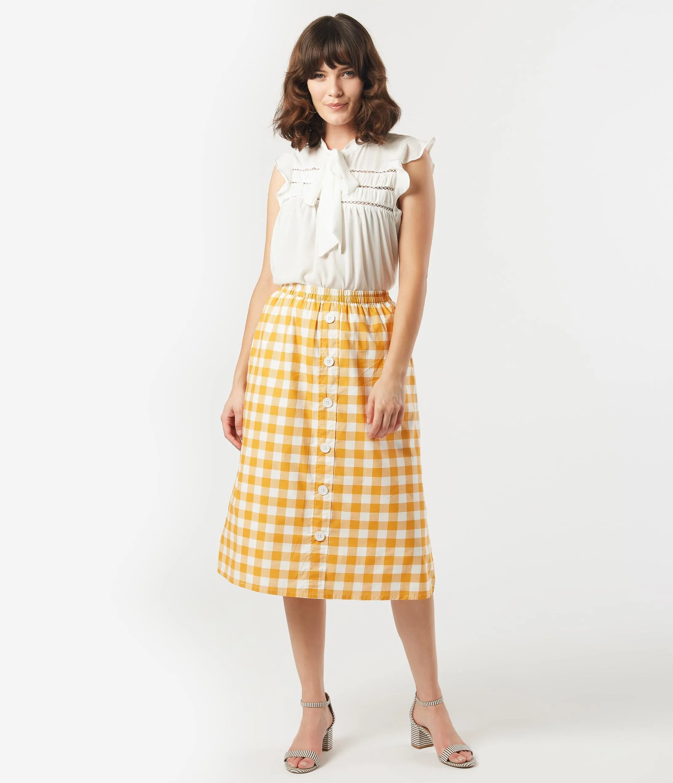 1940s Style Mustard & White Gingham Midi Skirt