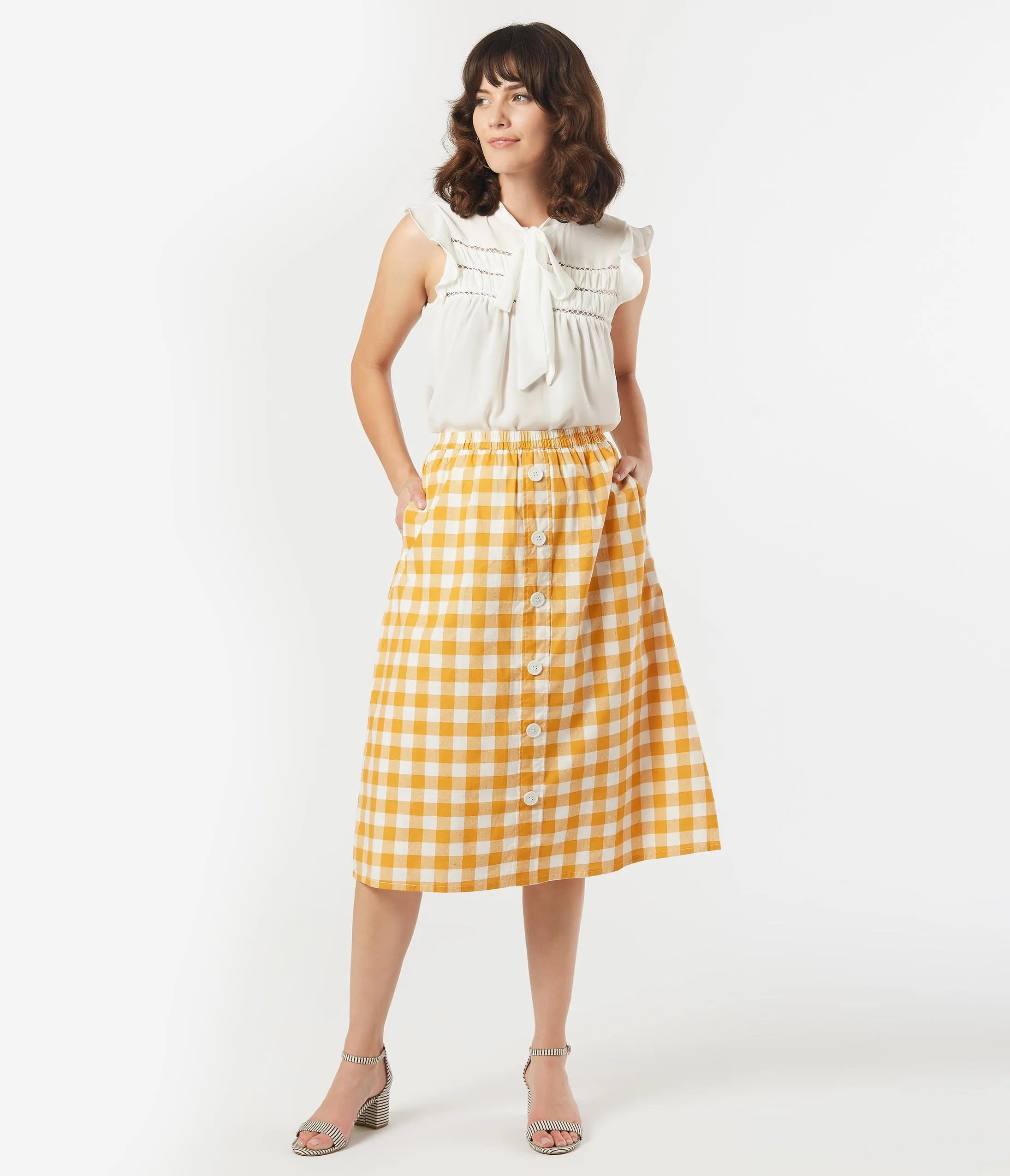 1940s Style Mustard & White Gingham Midi Skirt