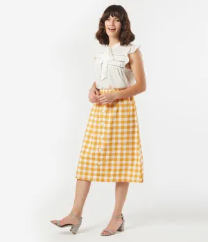 1940s Style Mustard & White Gingham Midi Skirt