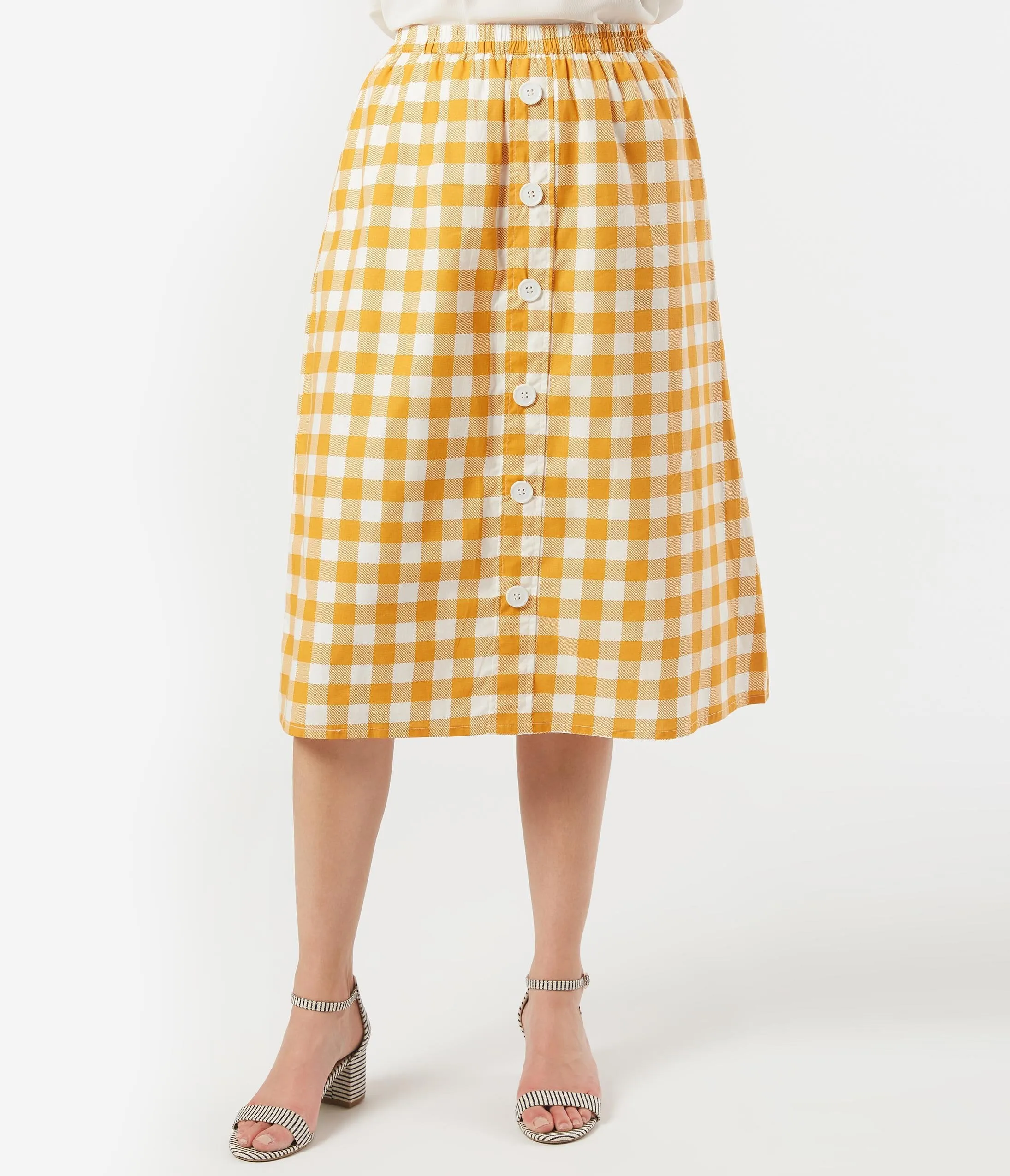 1940s Style Mustard & White Gingham Midi Skirt