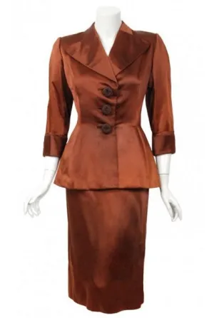 1946 Balenciaga Haute Couture Copper Satin Tailored Peplum Jacket and Skirt Suit