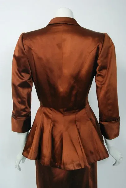 1946 Balenciaga Haute Couture Copper Satin Tailored Peplum Jacket and Skirt Suit