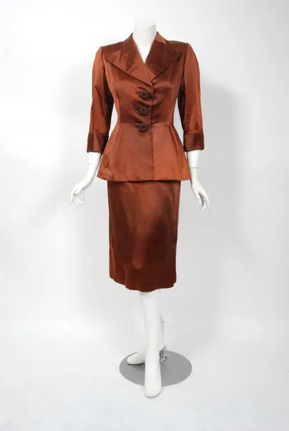 1946 Balenciaga Haute Couture Copper Satin Tailored Peplum Jacket and Skirt Suit