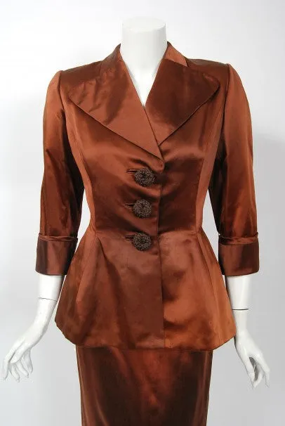 1946 Balenciaga Haute Couture Copper Satin Tailored Peplum Jacket and Skirt Suit