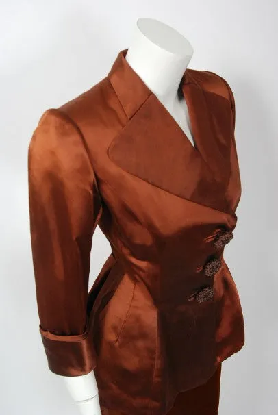 1946 Balenciaga Haute Couture Copper Satin Tailored Peplum Jacket and Skirt Suit