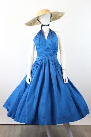 1950s HALTER COBALT silk taffeta dress xxs | new spring