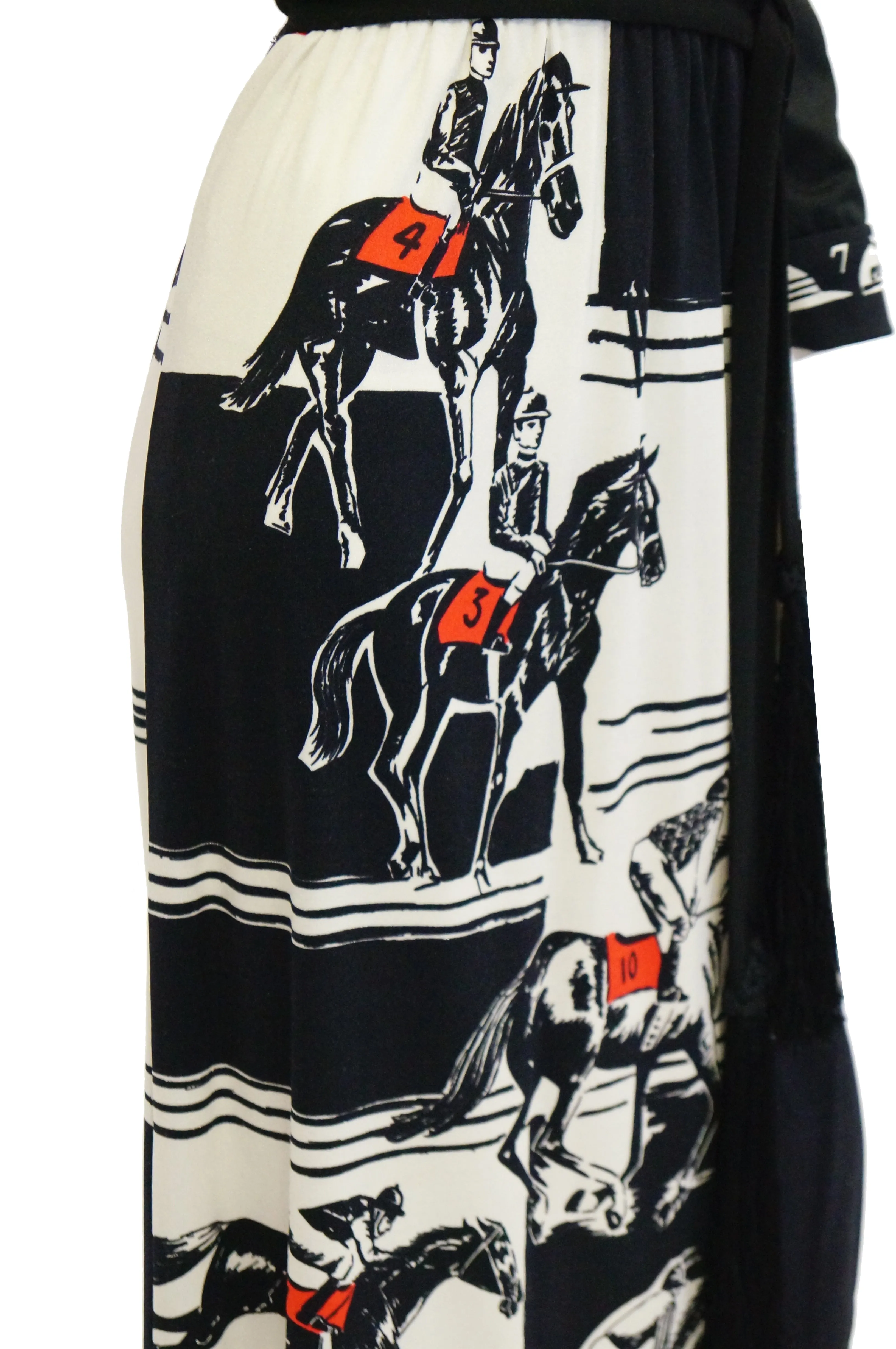 1960s Paganne Red and Black Racehorse Equestrian Print Maxi Dress