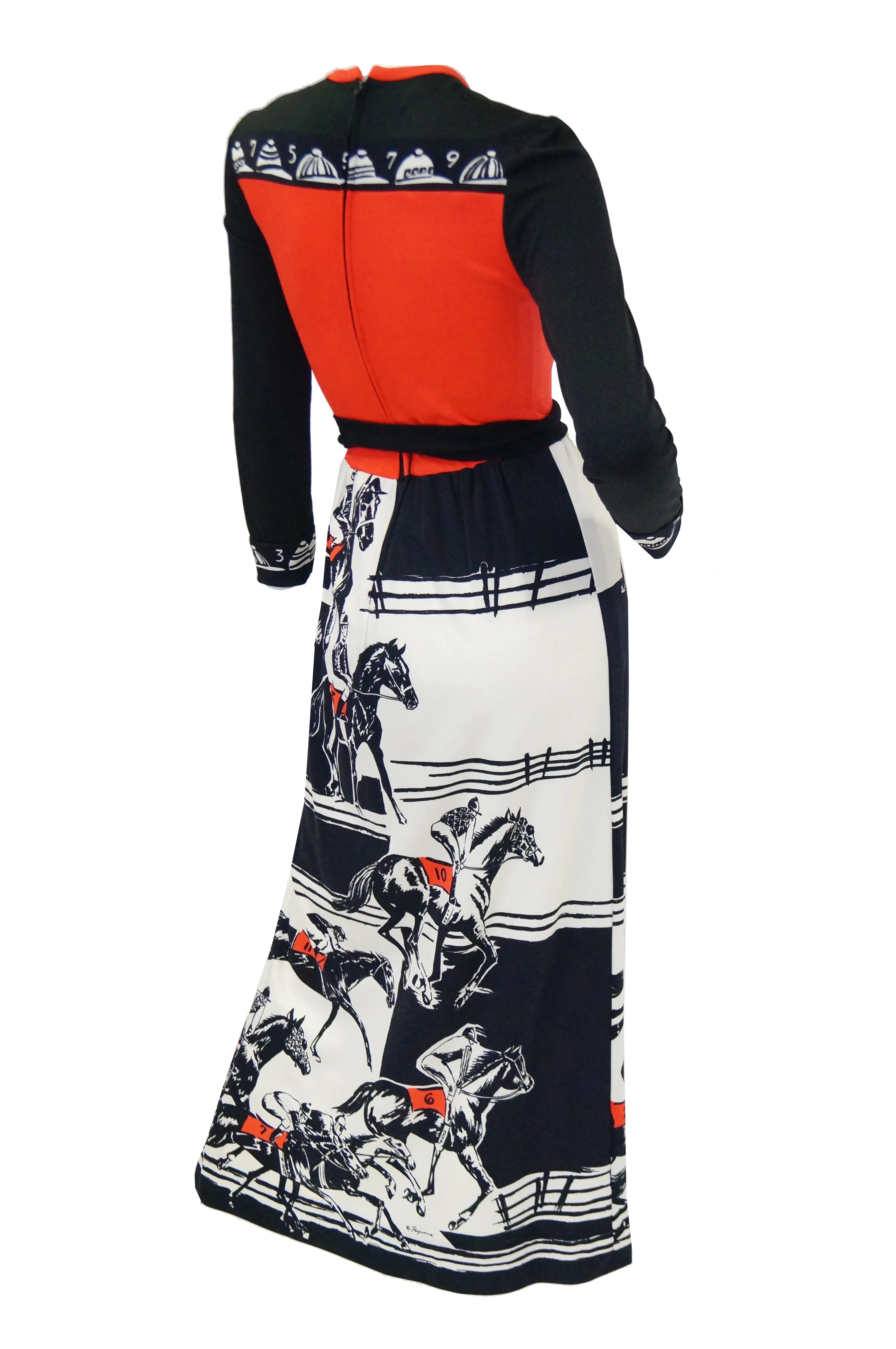 1960s Paganne Red and Black Racehorse Equestrian Print Maxi Dress