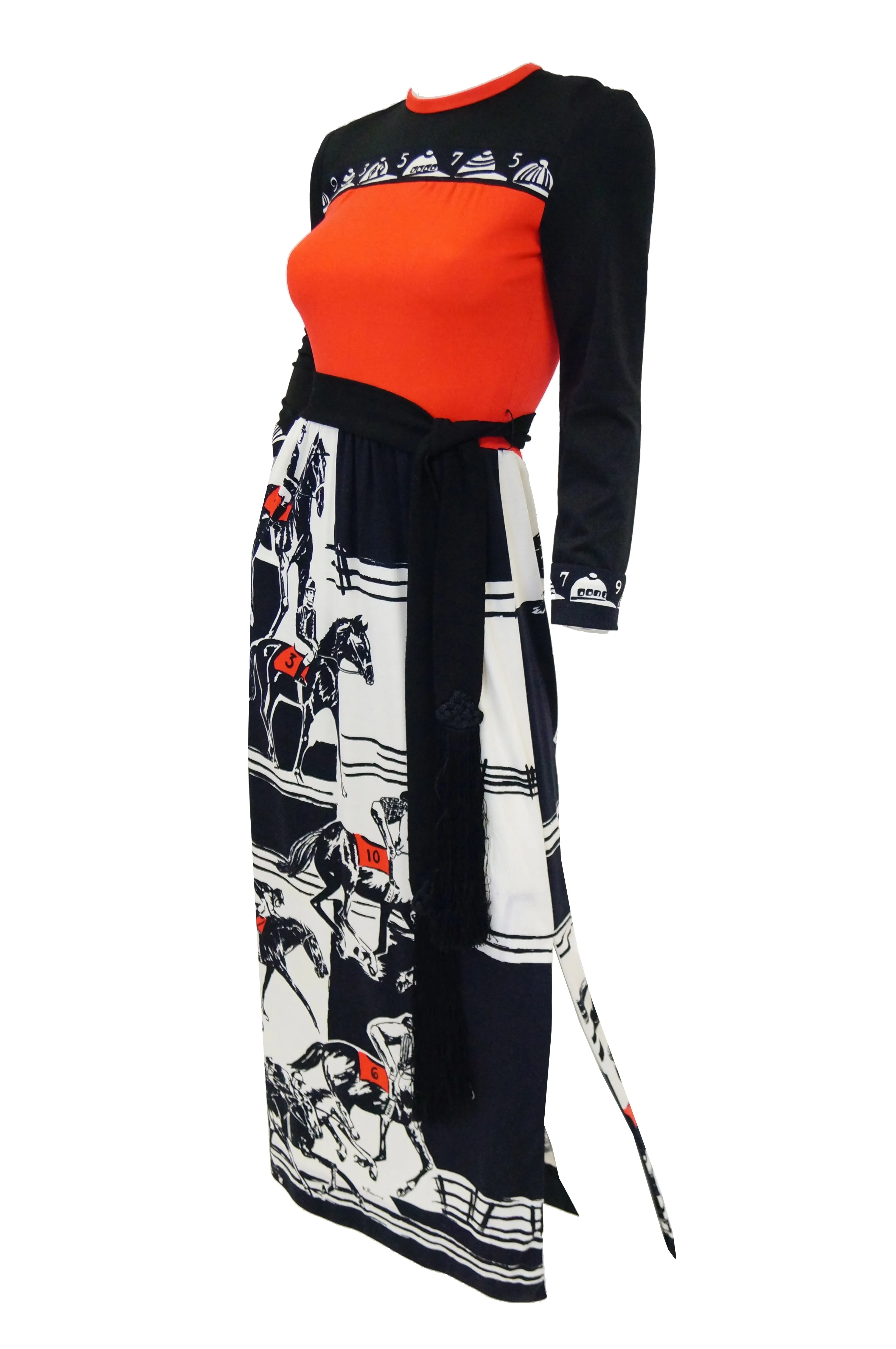 1960s Paganne Red and Black Racehorse Equestrian Print Maxi Dress