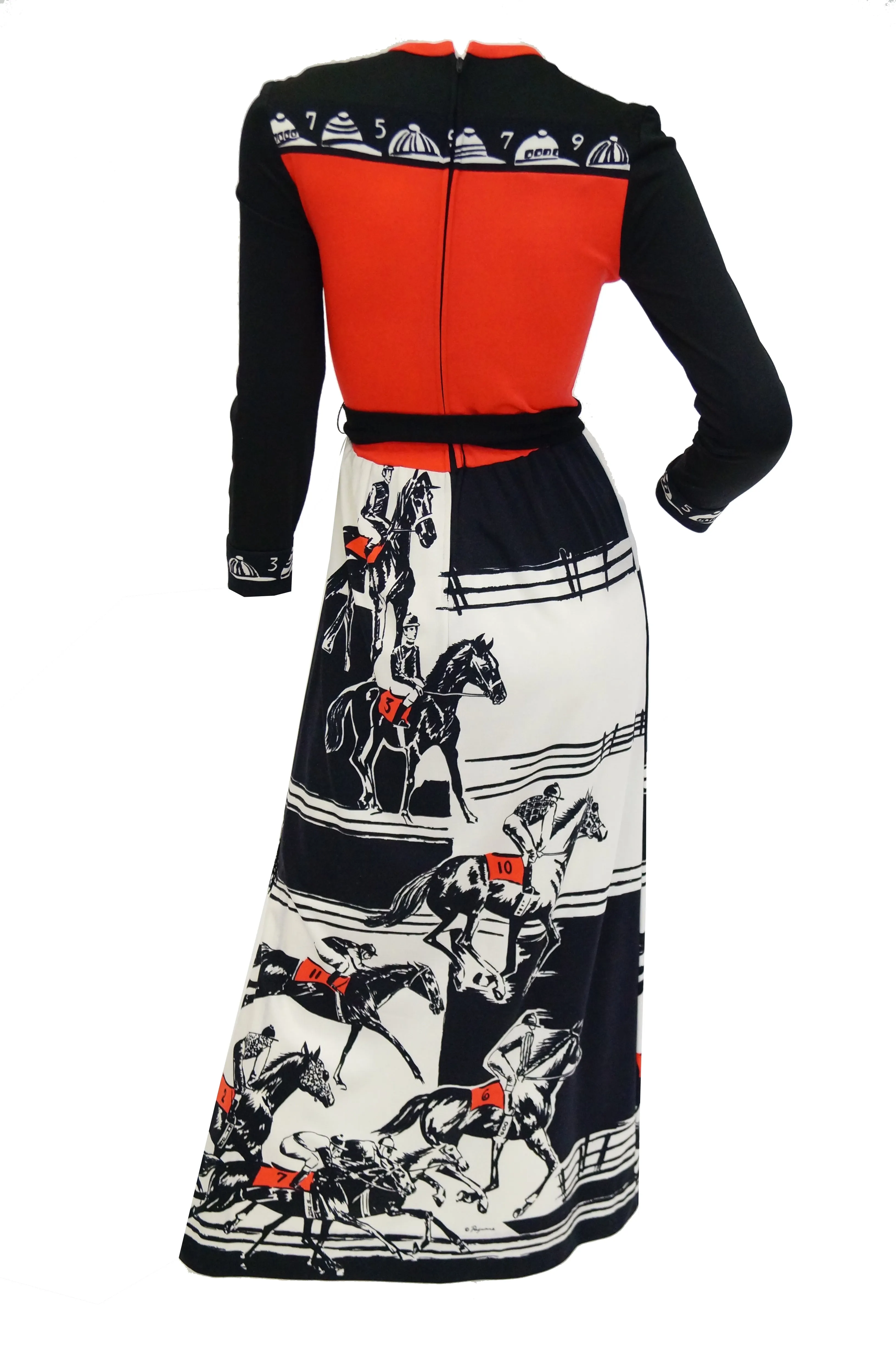 1960s Paganne Red and Black Racehorse Equestrian Print Maxi Dress