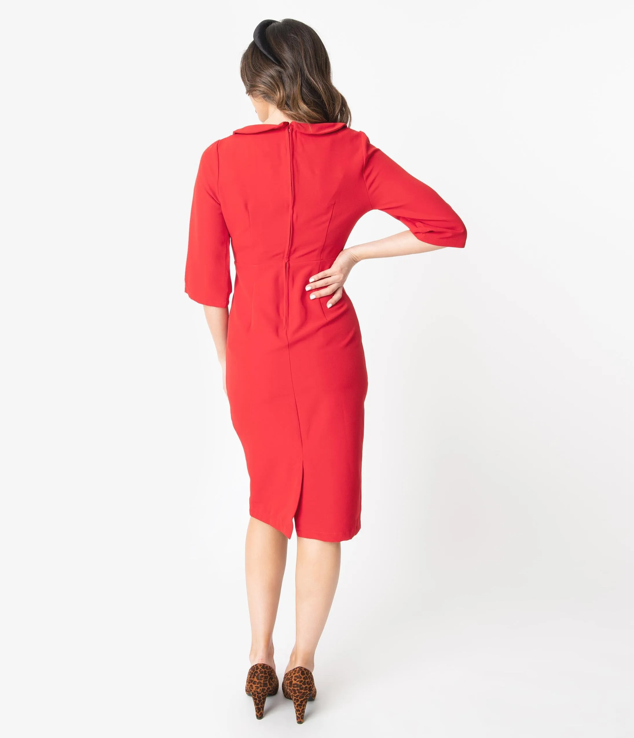 1960s Style Red Button Up Sleeved Pencil Dress