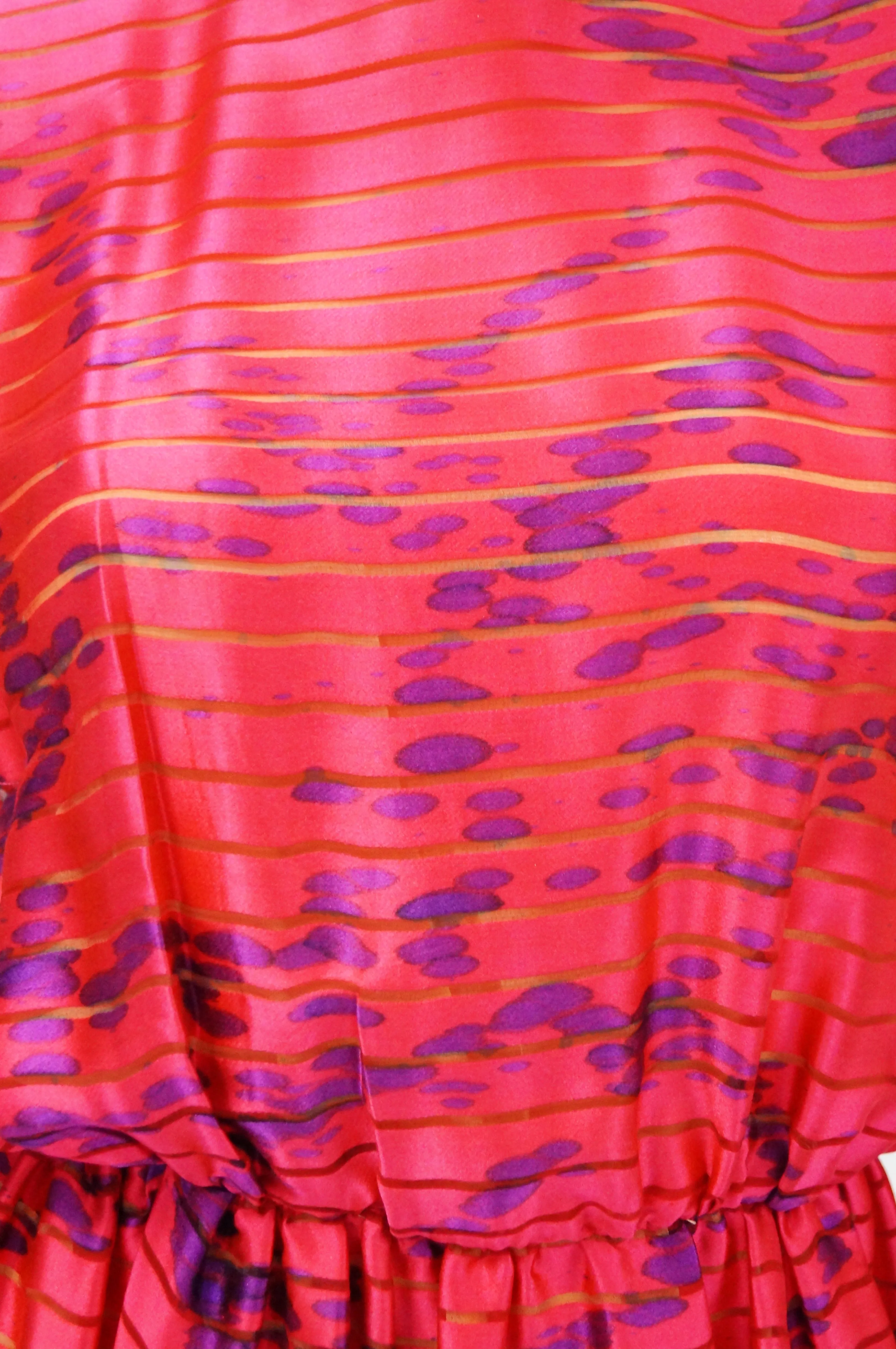 1970s Bill Blass Neon Pink and Purple Sheer Stripe Dress