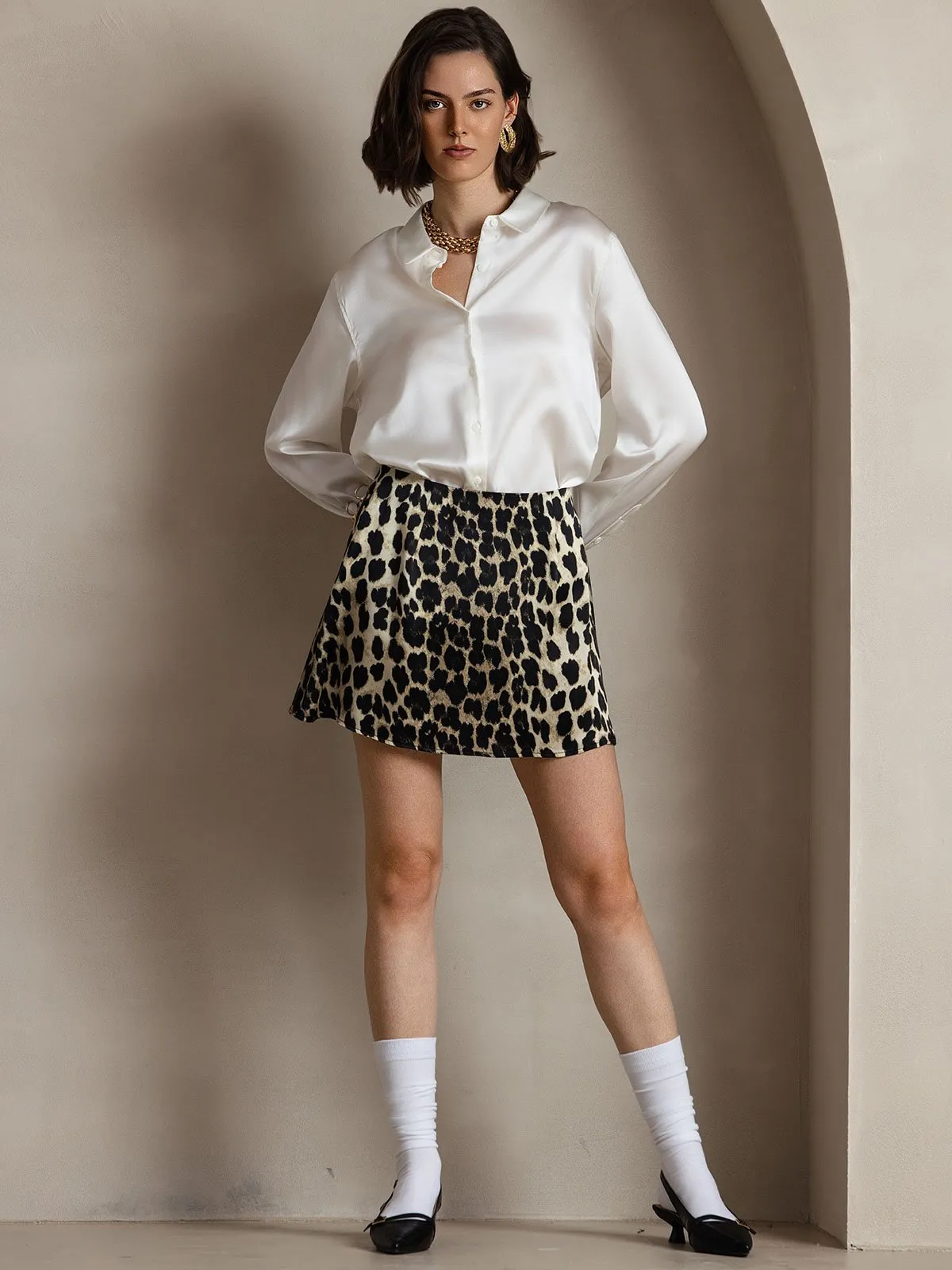 19Momme Silk Sexy Leopard Pattern Mini skirt