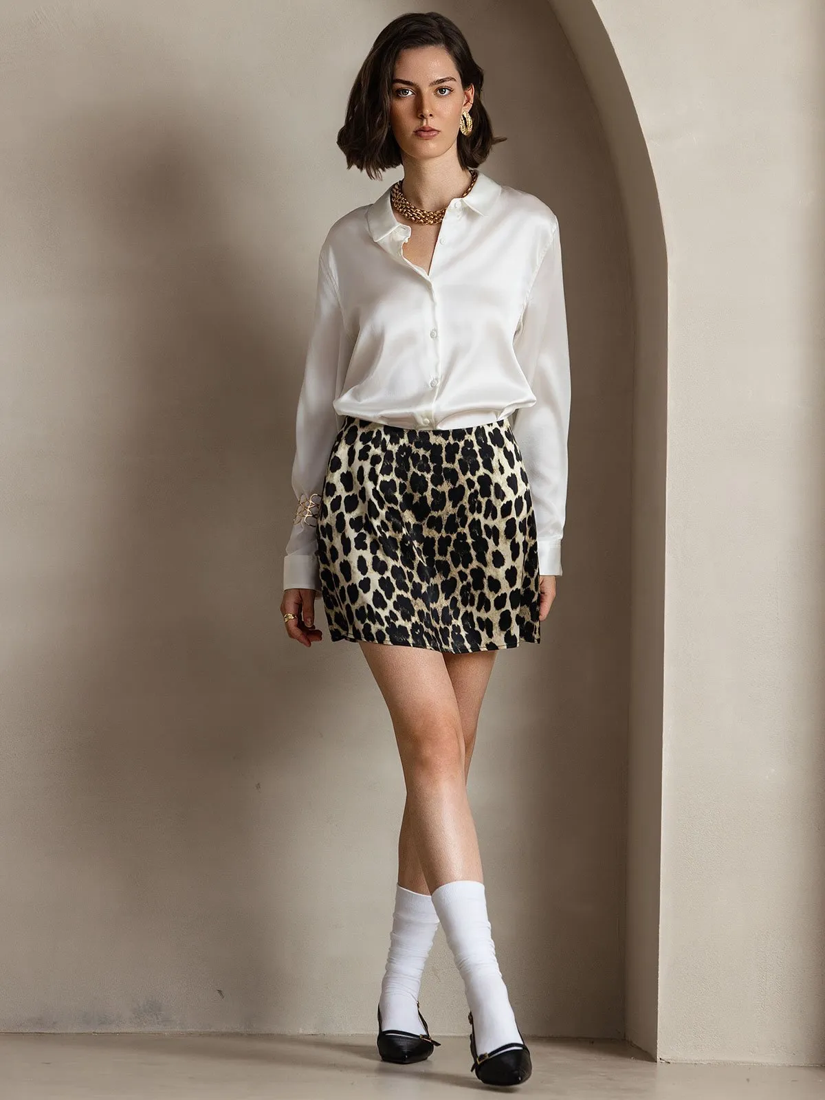 19Momme Silk Sexy Leopard Pattern Mini skirt