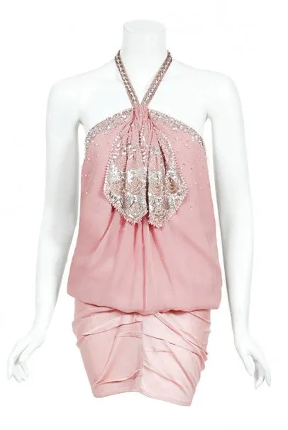 2003 Christian Dior by Galliano Beaded Pale Pink Silk Flapper Mini Dress