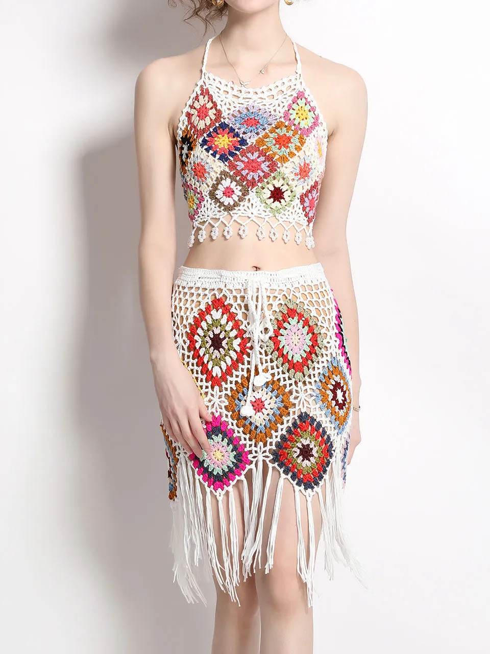 2PS Boho Style Crochet Fringe Halter Top and Fishtail Skirt Suit