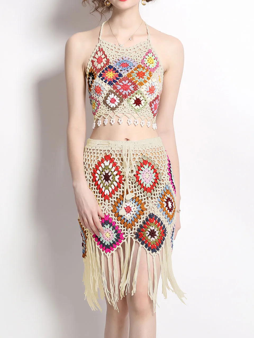 2PS Boho Style Crochet Fringe Halter Top and Fishtail Skirt Suit