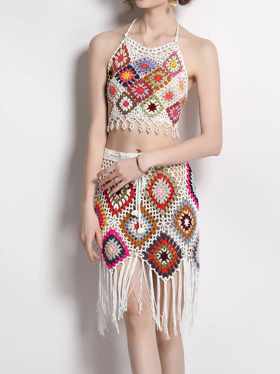 2PS Boho Style Crochet Fringe Halter Top and Fishtail Skirt Suit