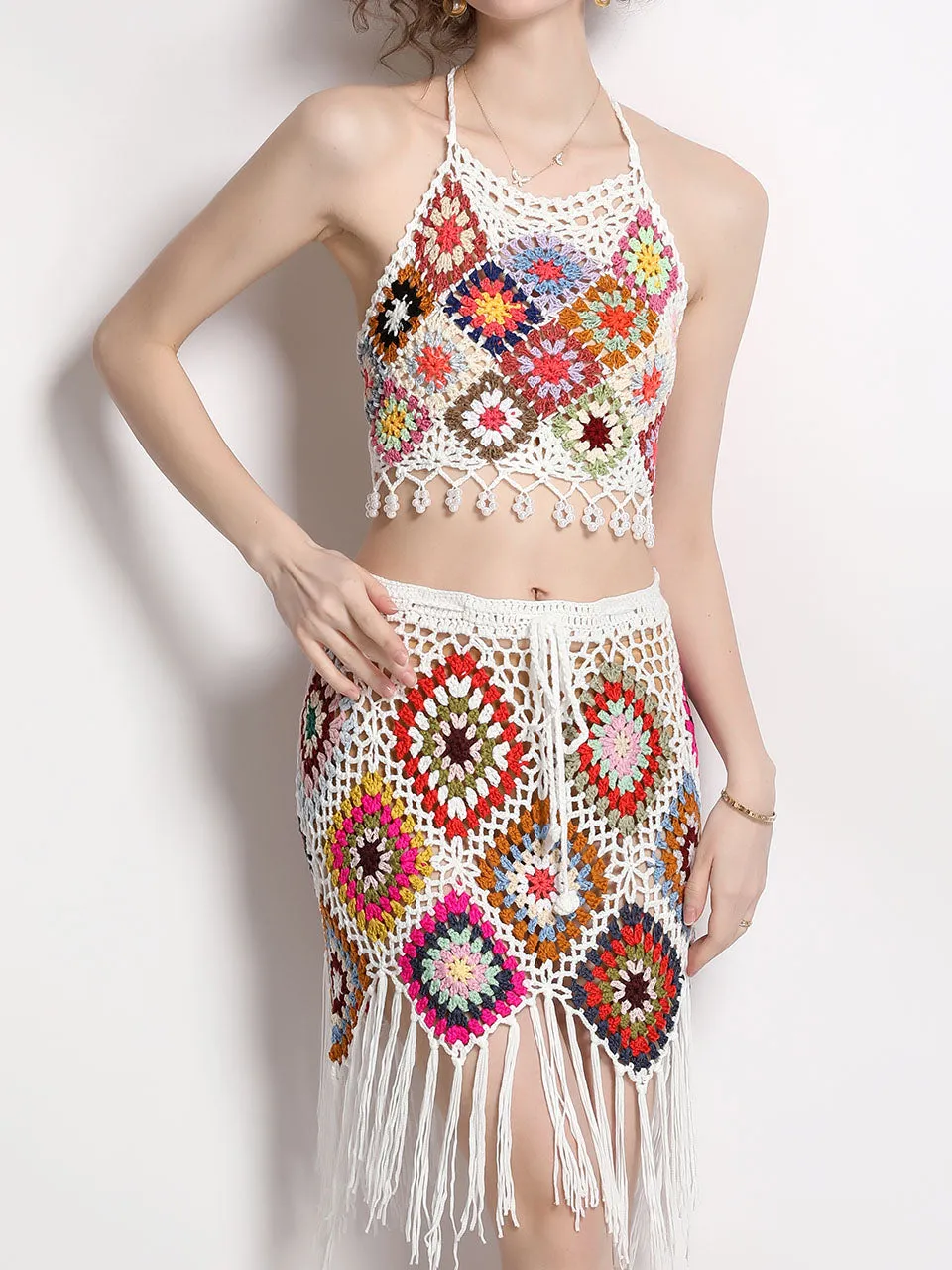 2PS Boho Style Crochet Fringe Halter Top and Fishtail Skirt Suit