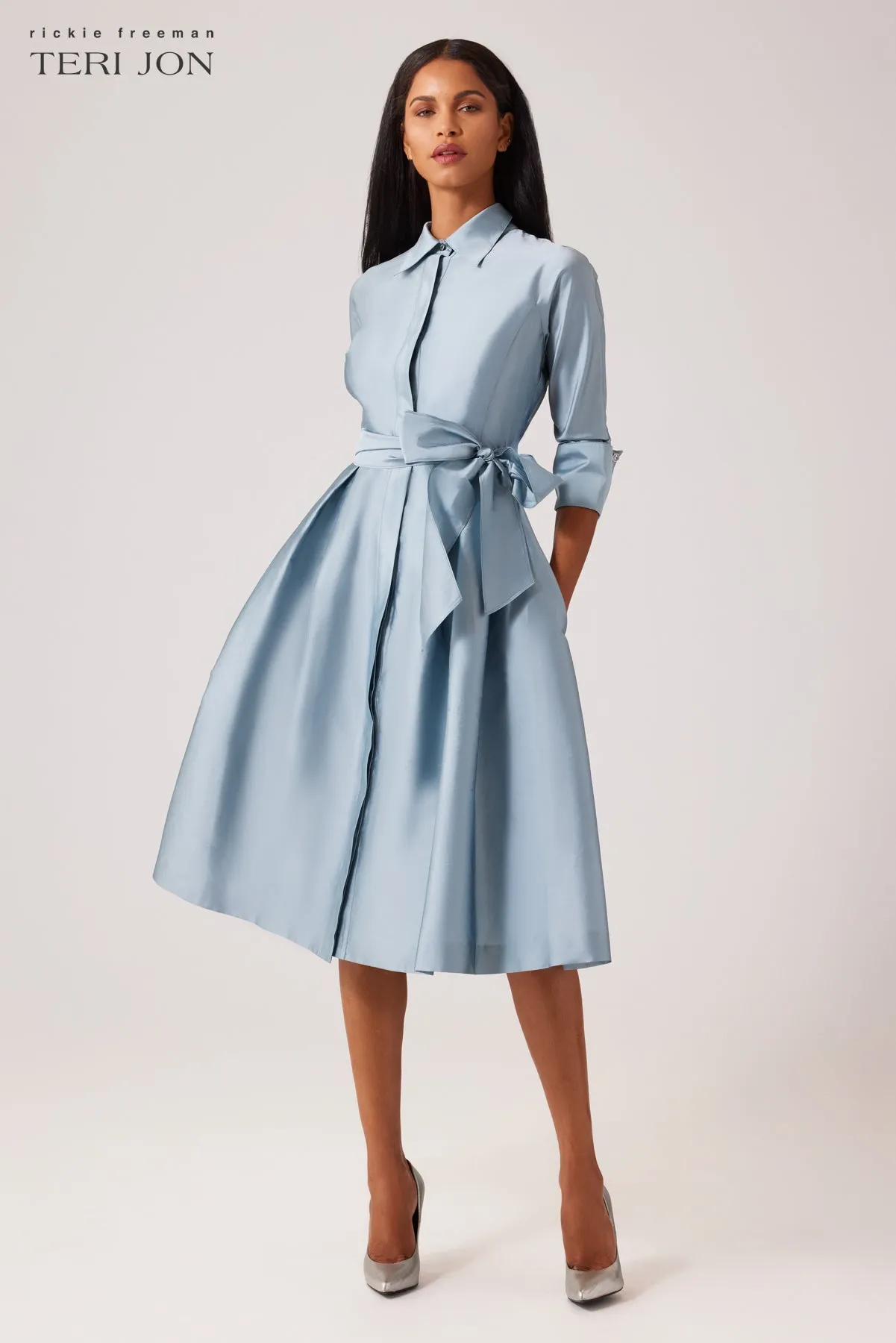 3/4 Sleeve Belted Taffeta Shirt Dress