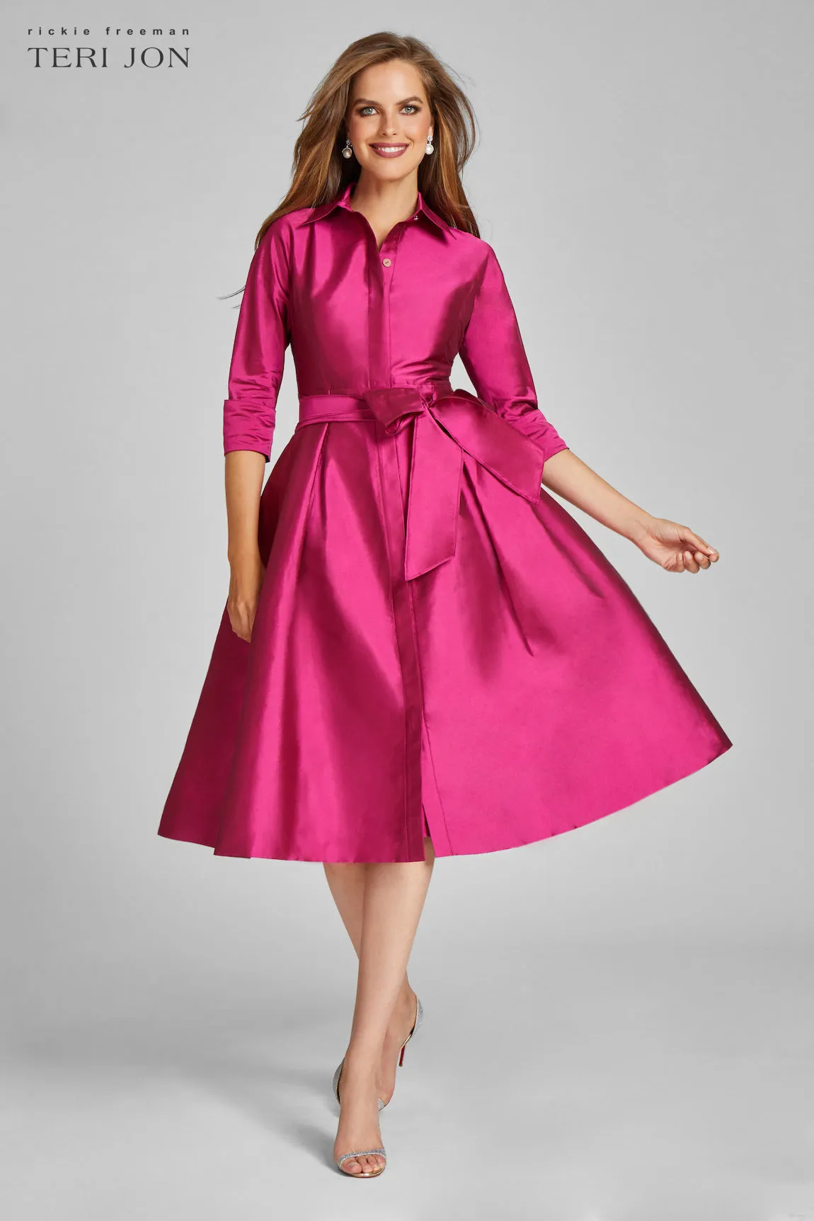 3/4 Sleeve Belted Taffeta Shirt Dress