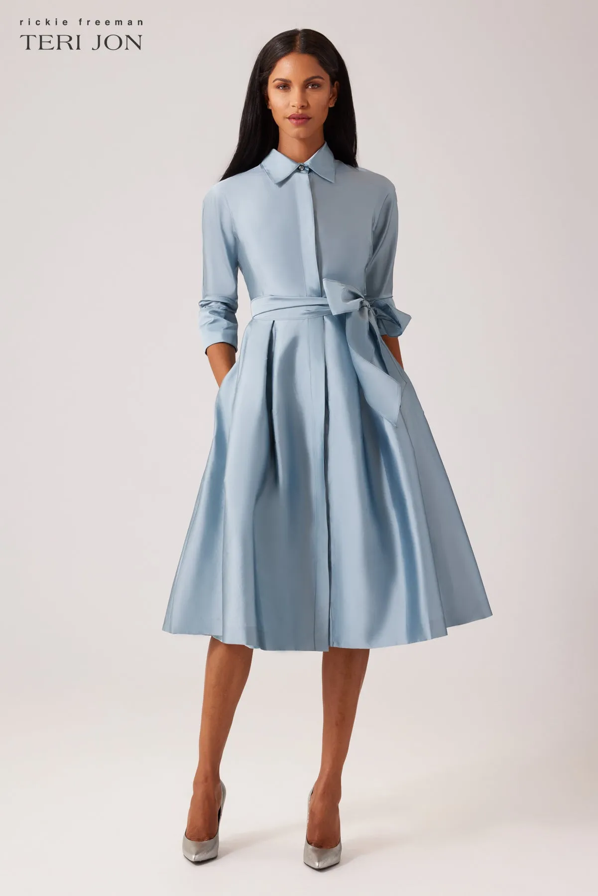 3/4 Sleeve Belted Taffeta Shirt Dress