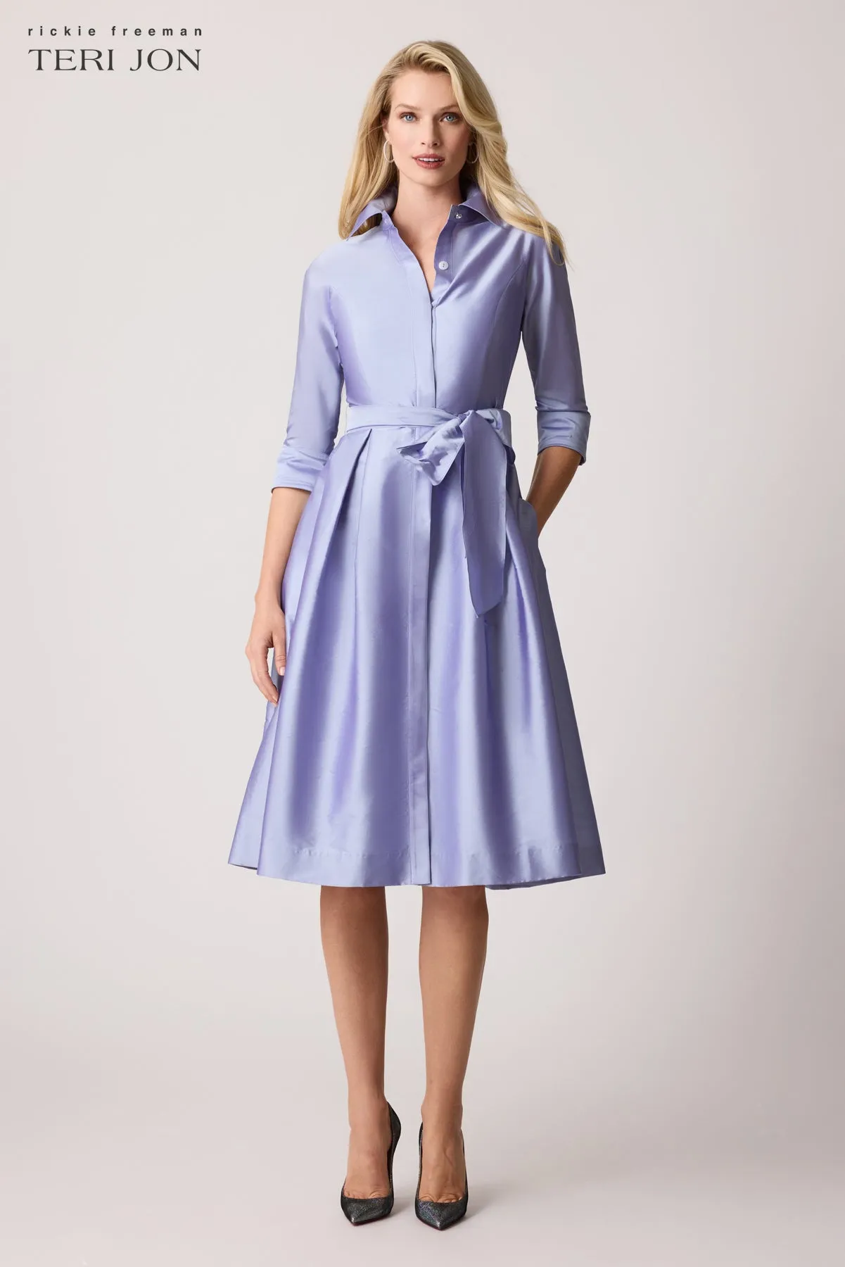 3/4 Sleeve Belted Taffeta Shirt Dress