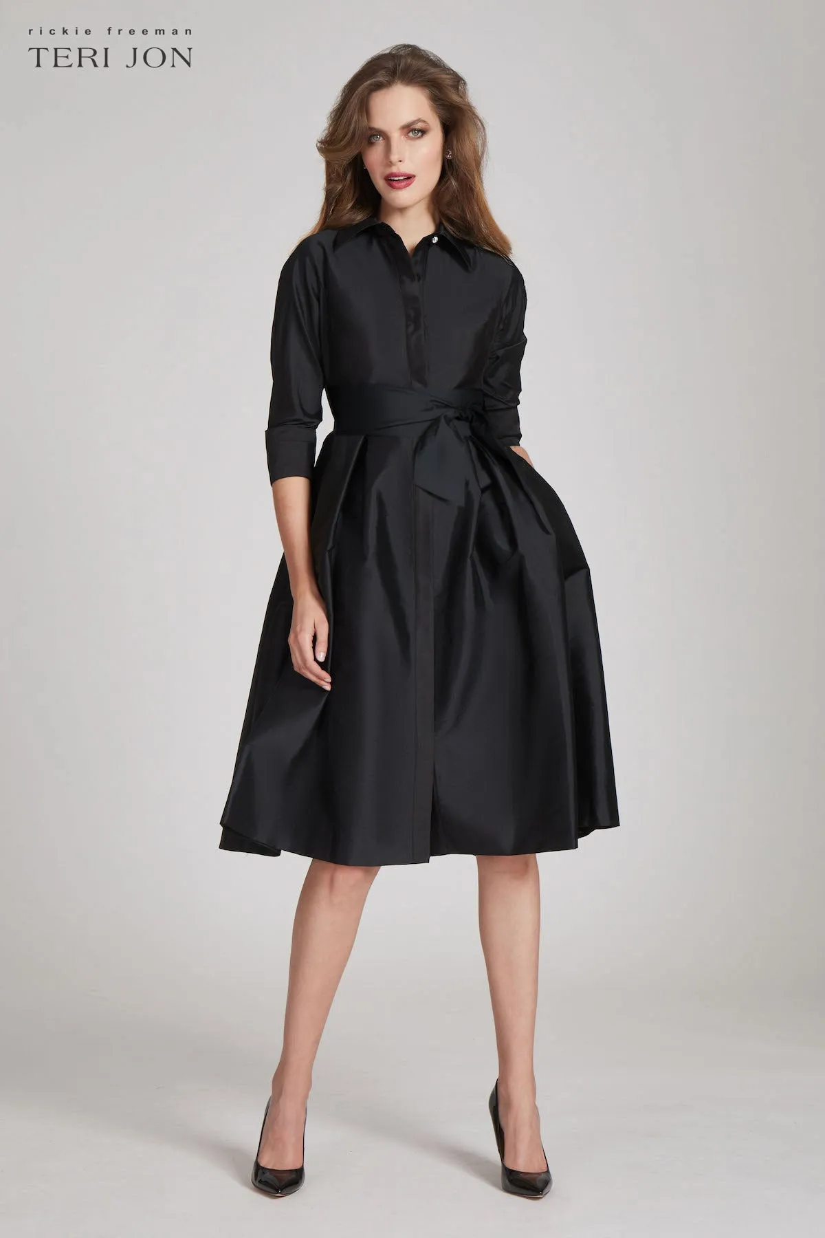 3/4 Sleeve Belted Taffeta Shirt Dress