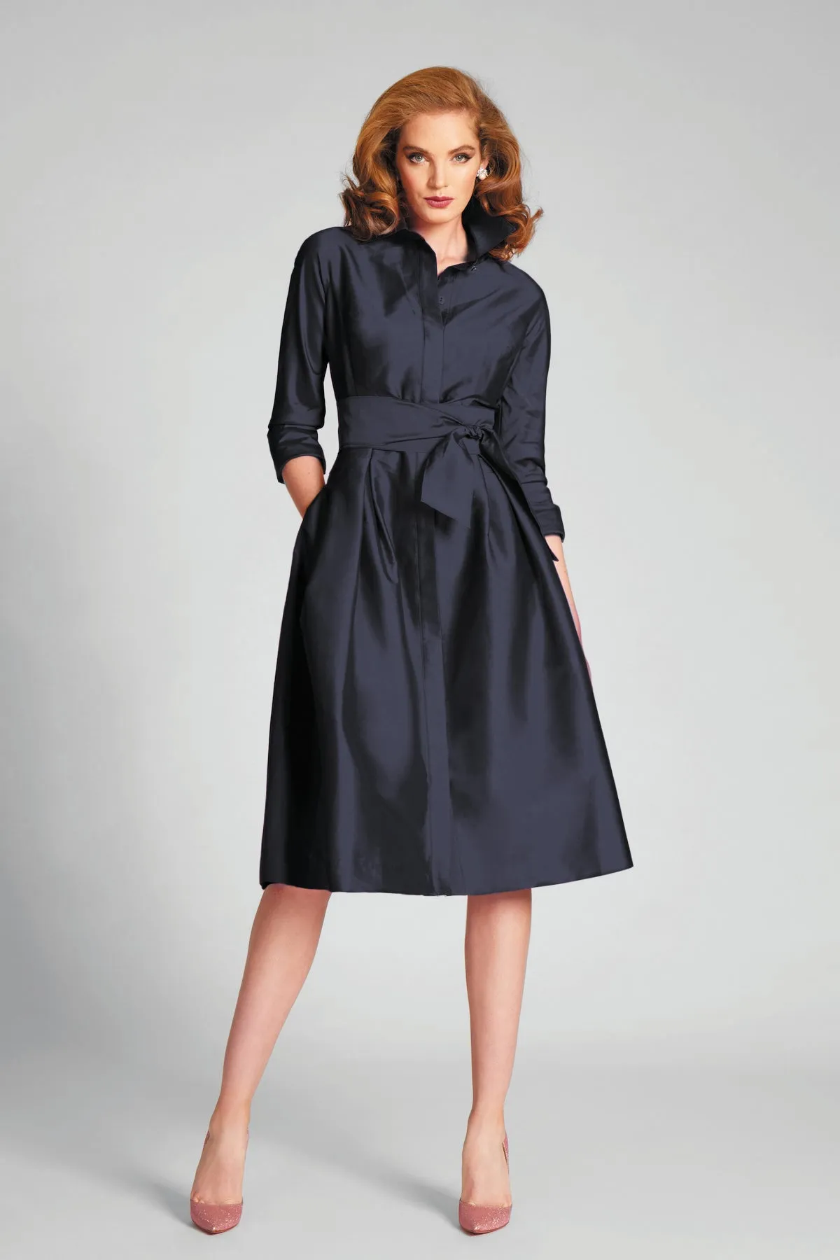 3/4 Sleeve Belted Taffeta Shirt Dress