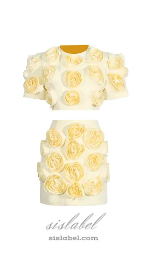 3D FLOWER BUBBLE SLEEVE TOP SKIRT SUIT IN YELLOW