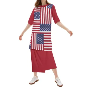 4th of July Womens Oversize Half-Sleeve T-shirt & Midi Skirt Two-Piece Outfit Set