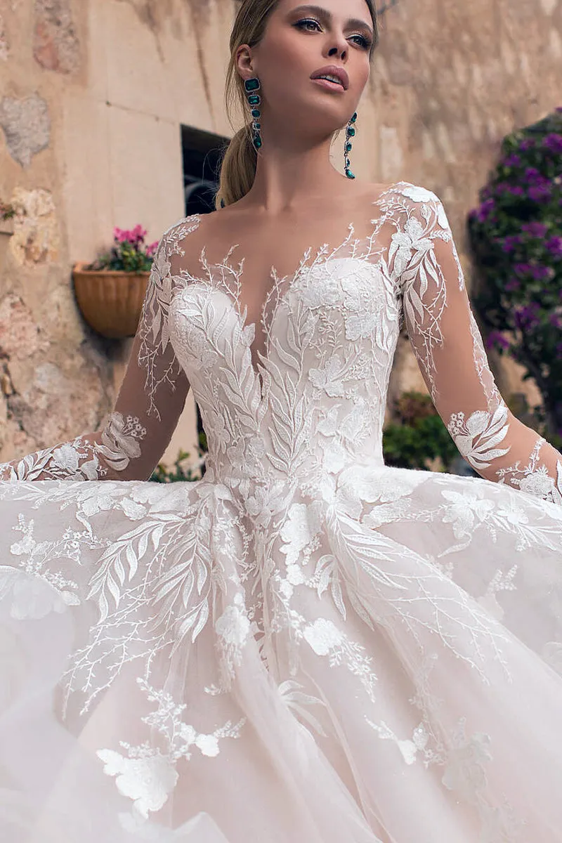 Abernathy Illusion Lace Trendy A-line Tulle Wedding Dress