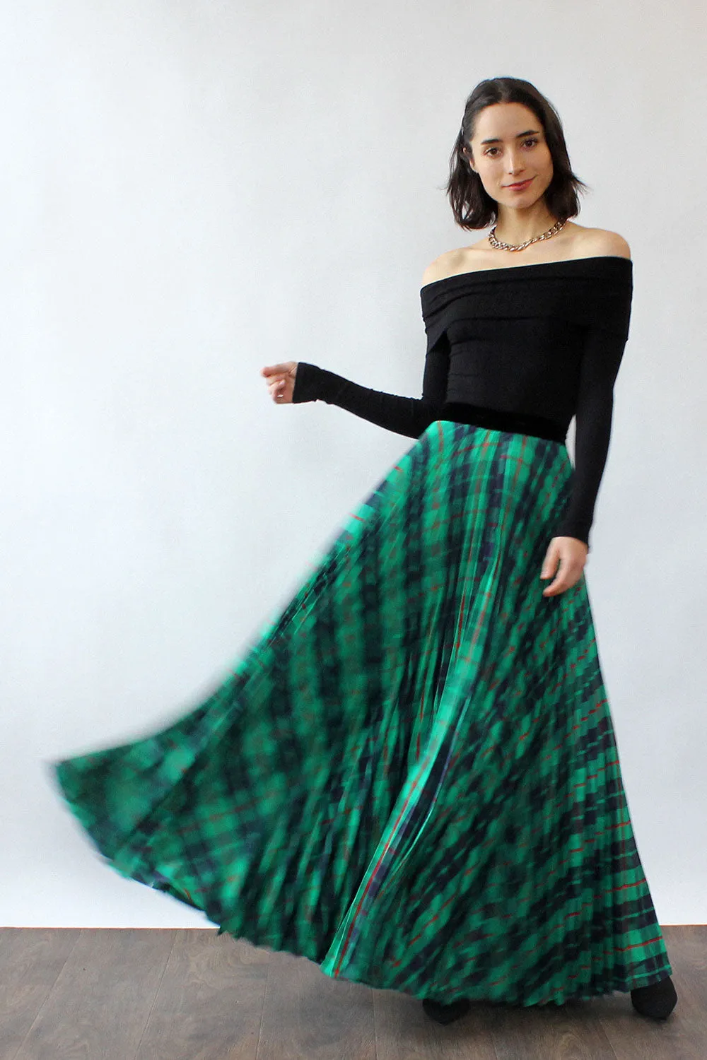 Accordion Pleat Plaid Maxi Skirt S