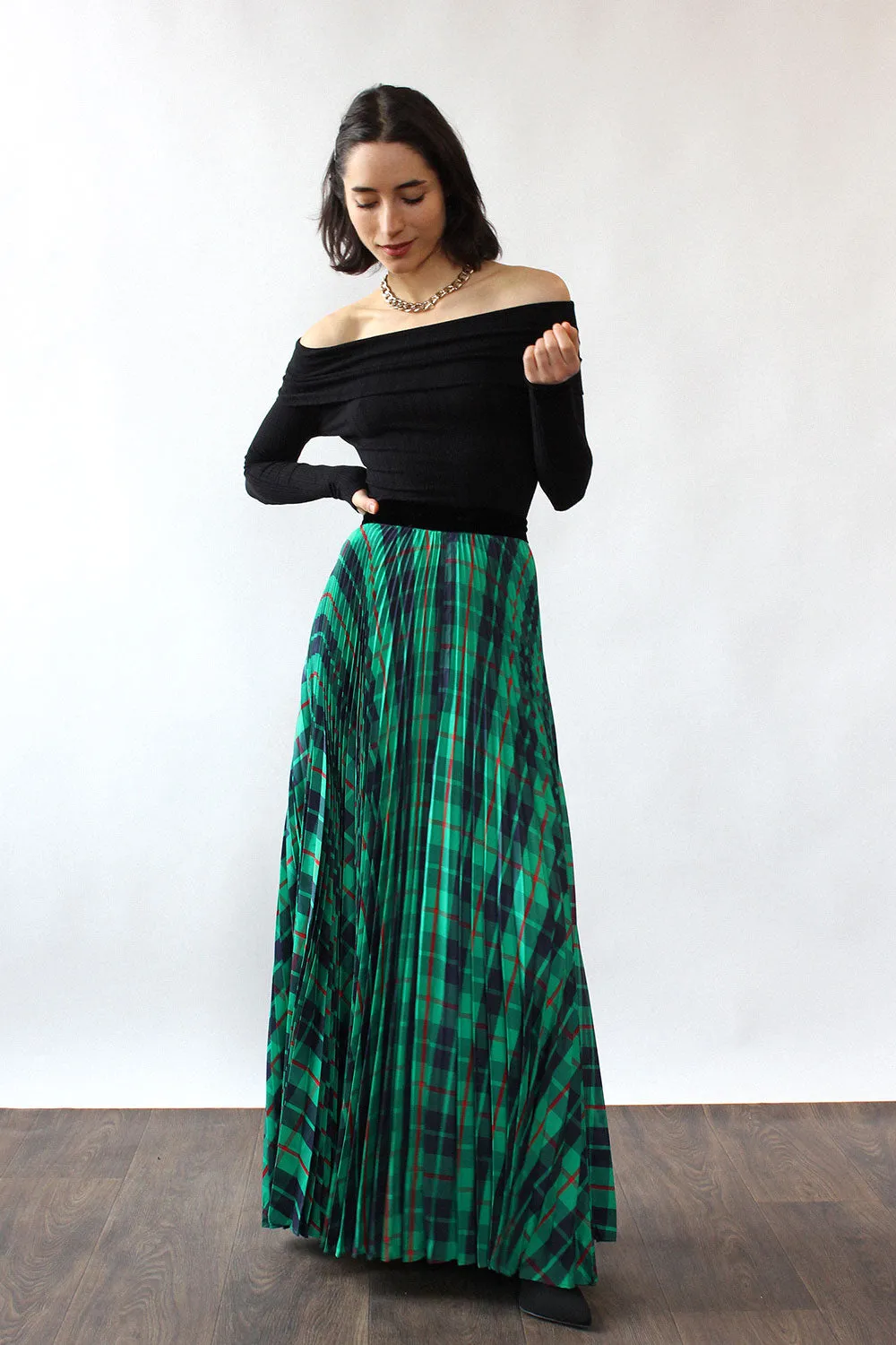 Accordion Pleat Plaid Maxi Skirt S