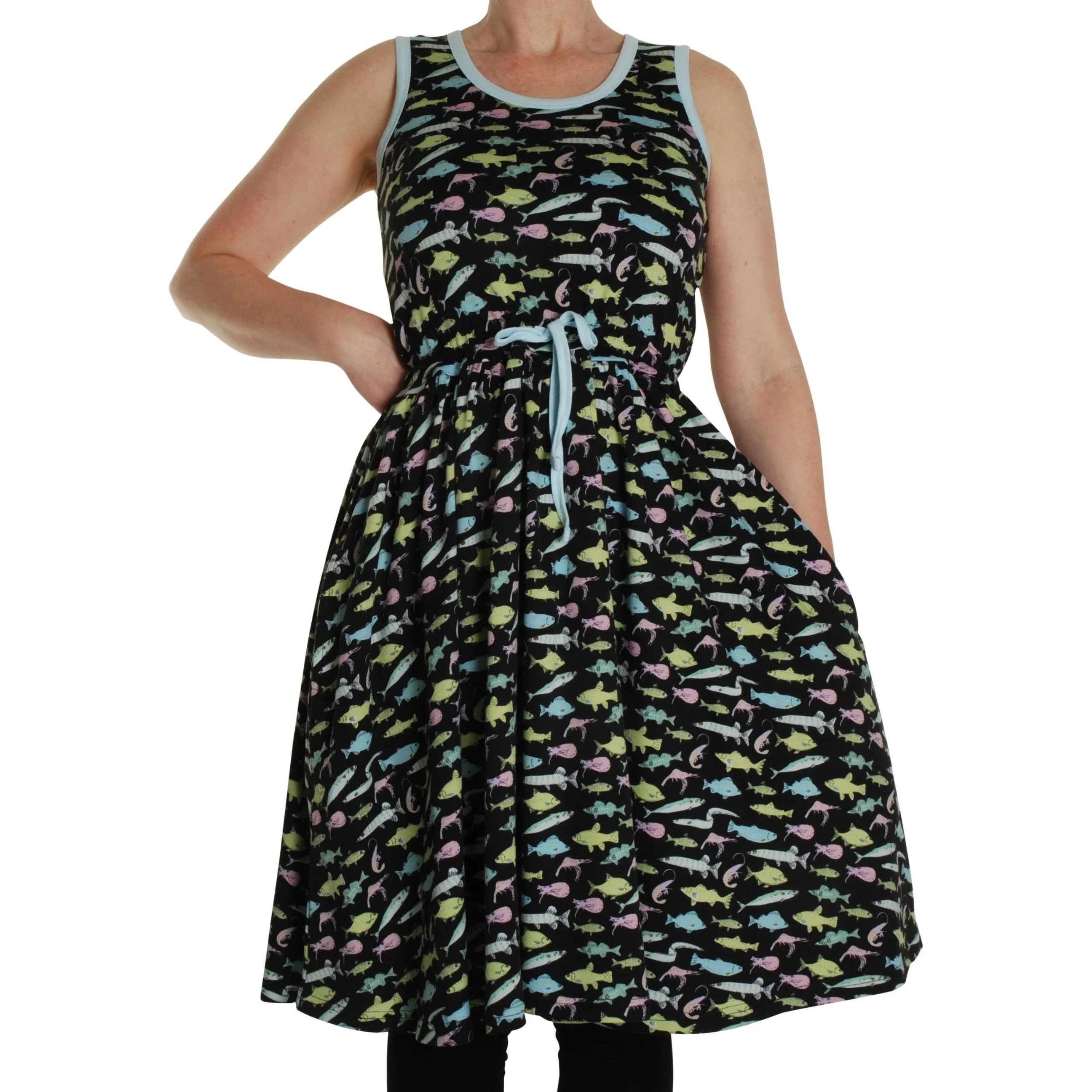 Adult's Fish - Black Sleeveless Dress With Gathered Skirt