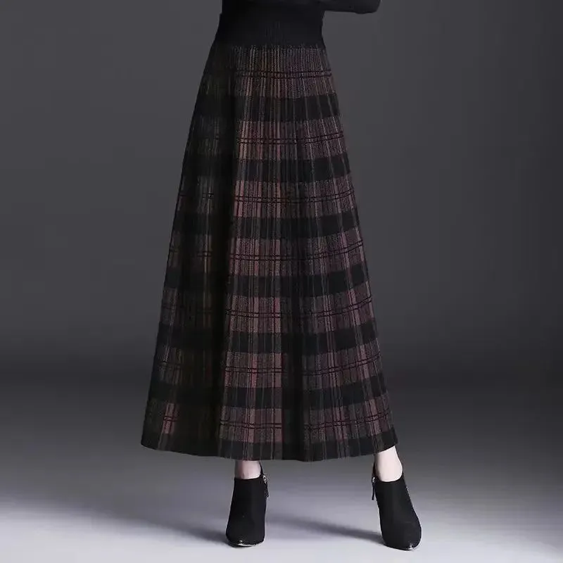 Amozae-Plaidknit Medium-length High-waisted A- line Skirt Autumn/winter Thickened Pleated Dress Long Dress Drape Sense