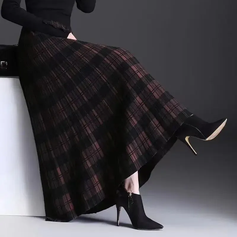 Amozae-Plaidknit Medium-length High-waisted A- line Skirt Autumn/winter Thickened Pleated Dress Long Dress Drape Sense