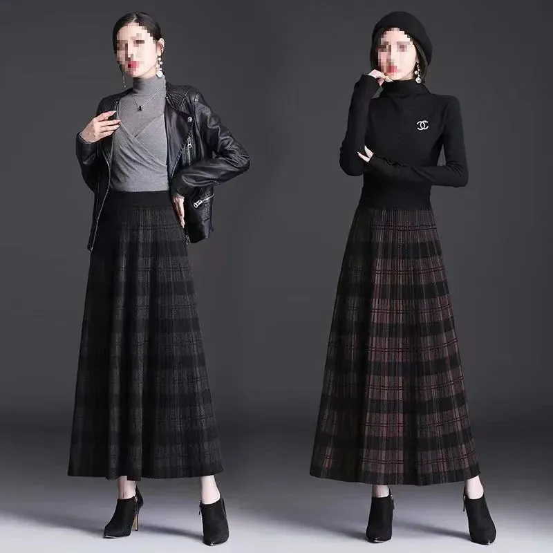 Amozae-Plaidknit Medium-length High-waisted A- line Skirt Autumn/winter Thickened Pleated Dress Long Dress Drape Sense