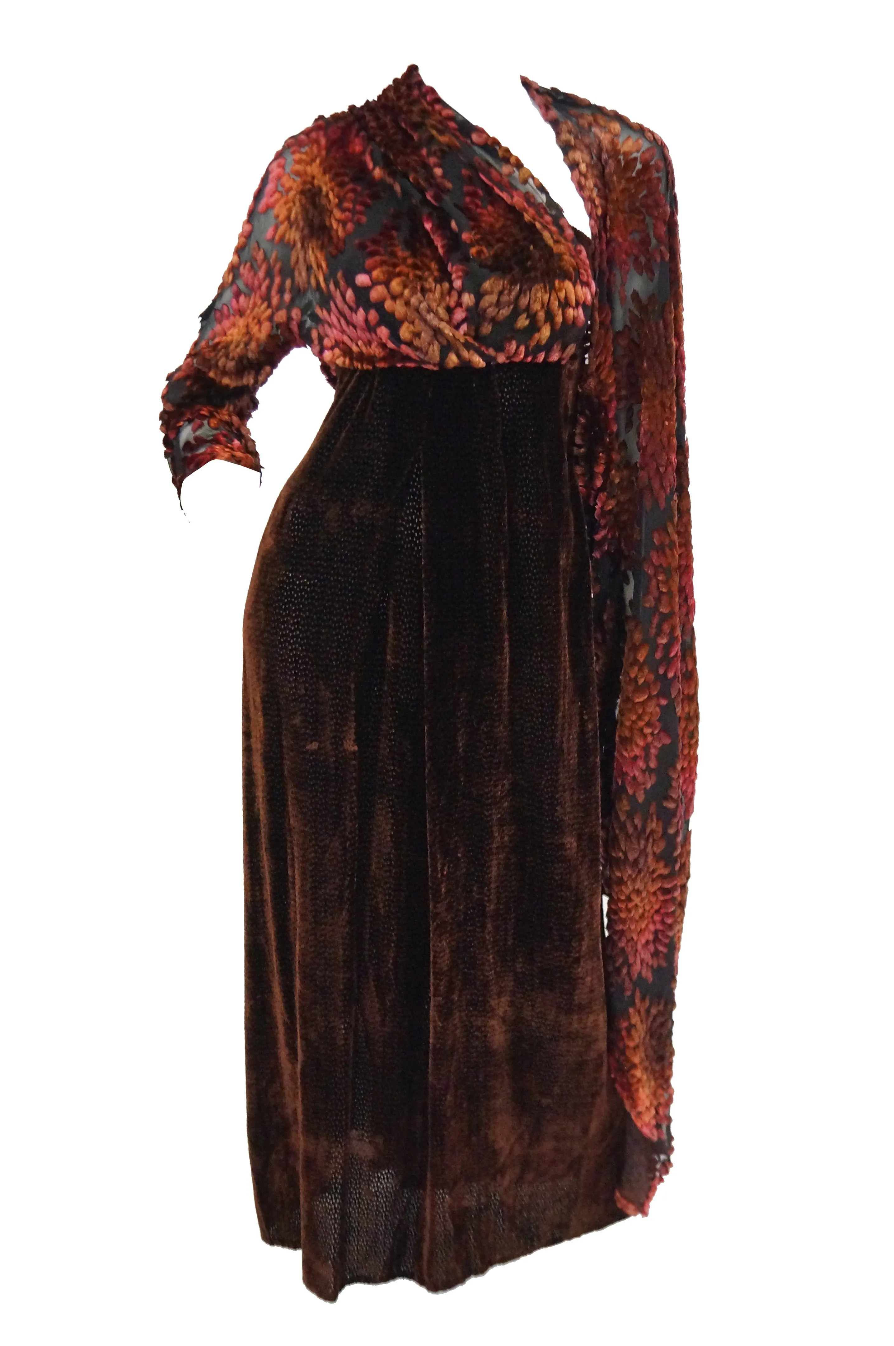 Barbara Bui Devore Red and Ochre Velvet Evening Dress with Wrap Kimono