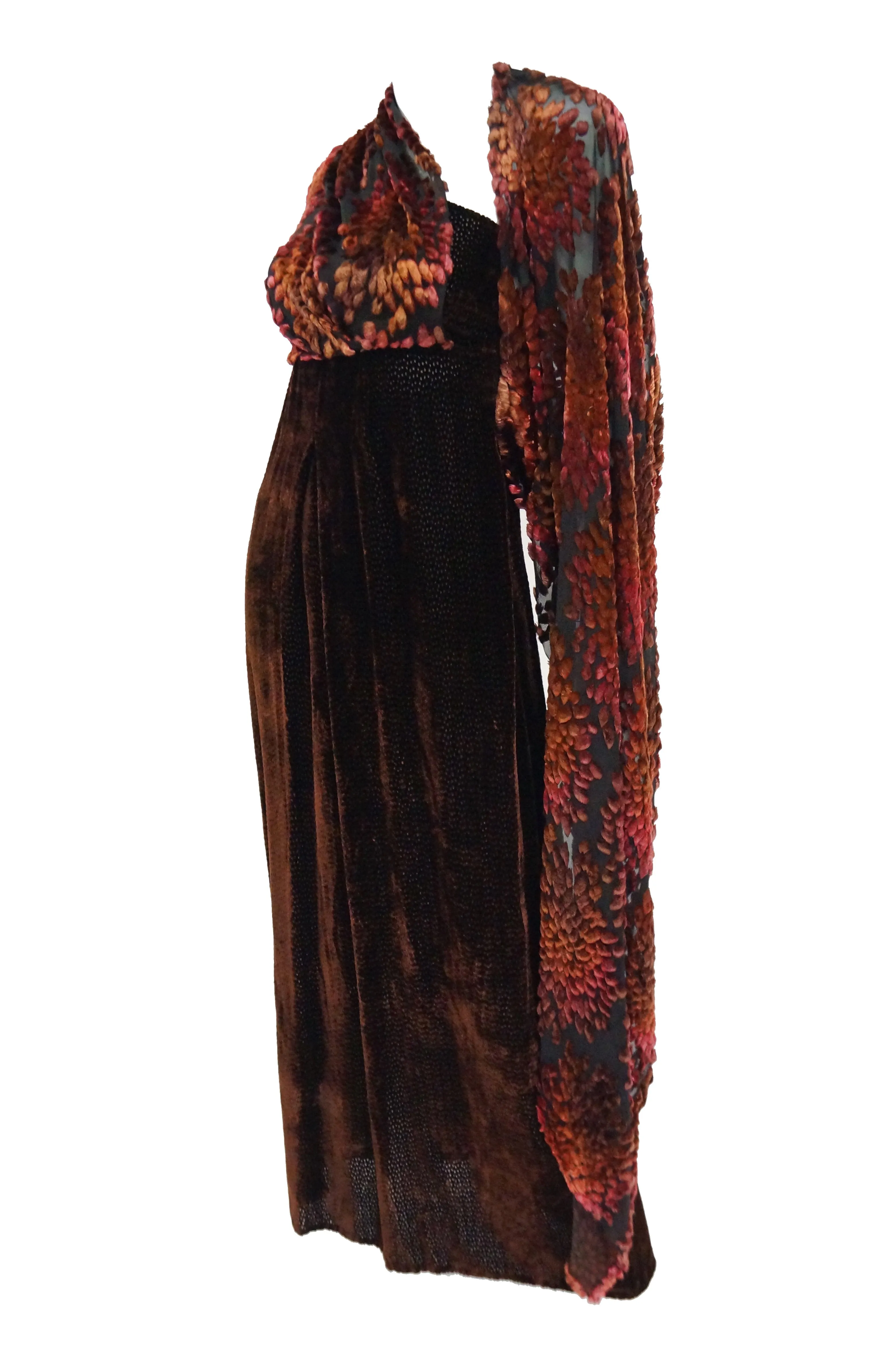 Barbara Bui Devore Red and Ochre Velvet Evening Dress with Wrap Kimono