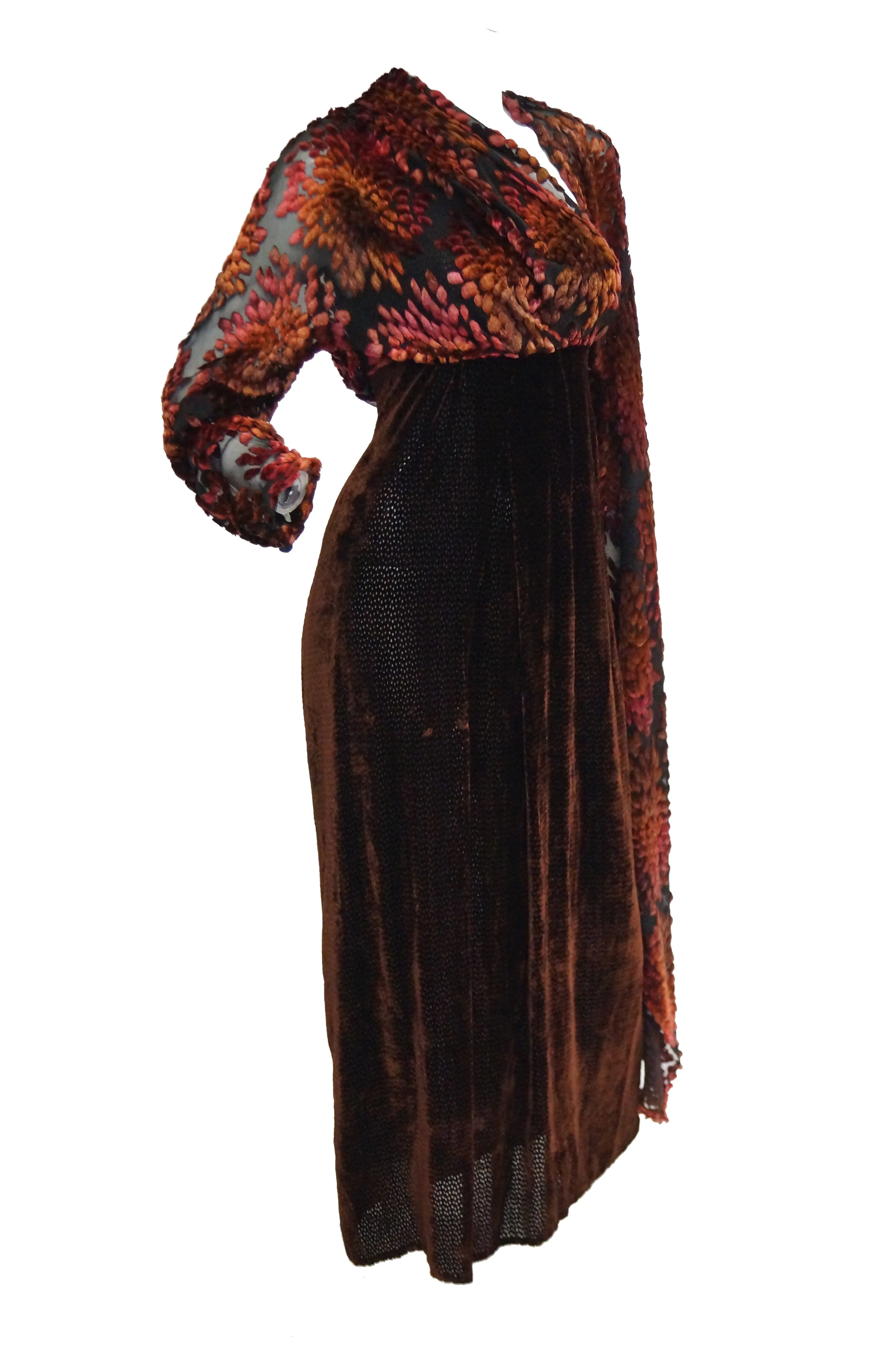 Barbara Bui Devore Red and Ochre Velvet Evening Dress with Wrap Kimono